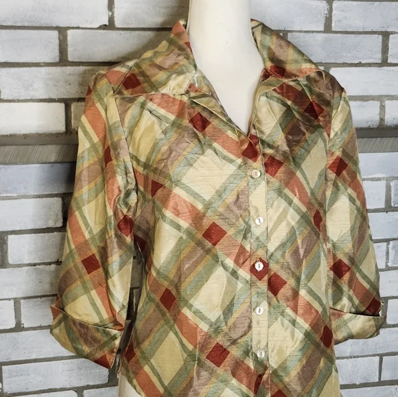 • Selene Sport Women's 3/4 Sleeve Plaid Button Up Blouse Medium Gold Multicolor - Picture 3 of 11